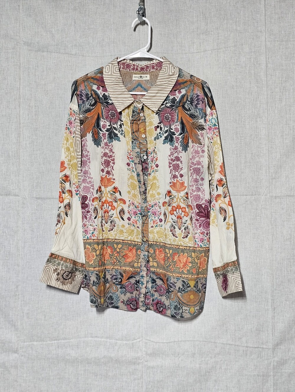 Boho Floral Button-Down Blouse in Cream, Orange & Pink